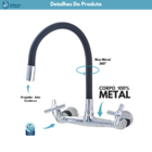 Torneira Misturador Gourmet Cozinha Parede C-64 Preto 1/4v.