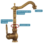 Torneira Monocomando Alta Estilo Vintage Rústica Gourmet para