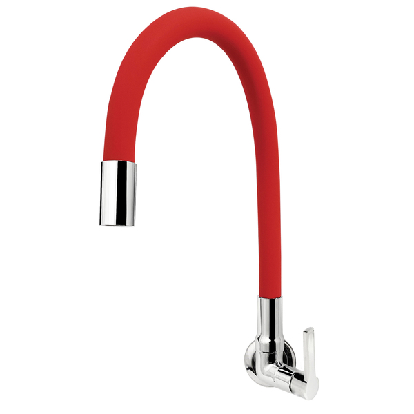 Torneira para Parede de Cozinha Bica Alta Cromada e Vermelha
