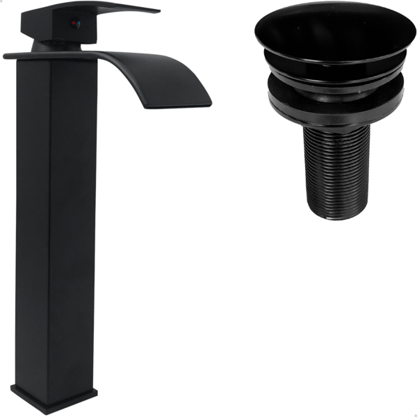 Torneira Preta Quadrada Bica Alta Cascata E Valvula Click 7/8