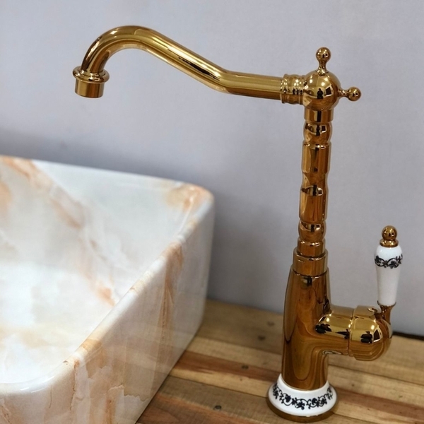 Torneira Vintage Retrô Monocomando Dourado Ouro com Porcelana