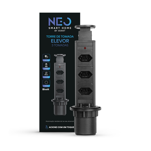 Torre 3 Tomadas Multiplug Retrátil Elevor 3x16a Bivolt Preto