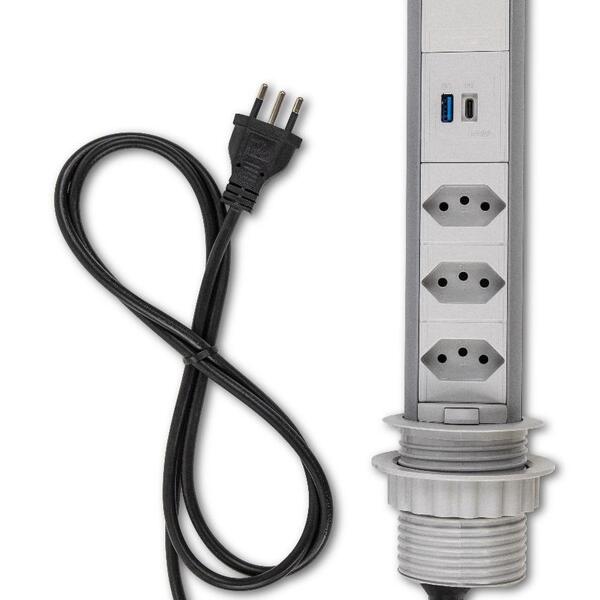 Torre De 3 Tomadas Usb A Usb C Multiplug 20a Retrátil Cinza