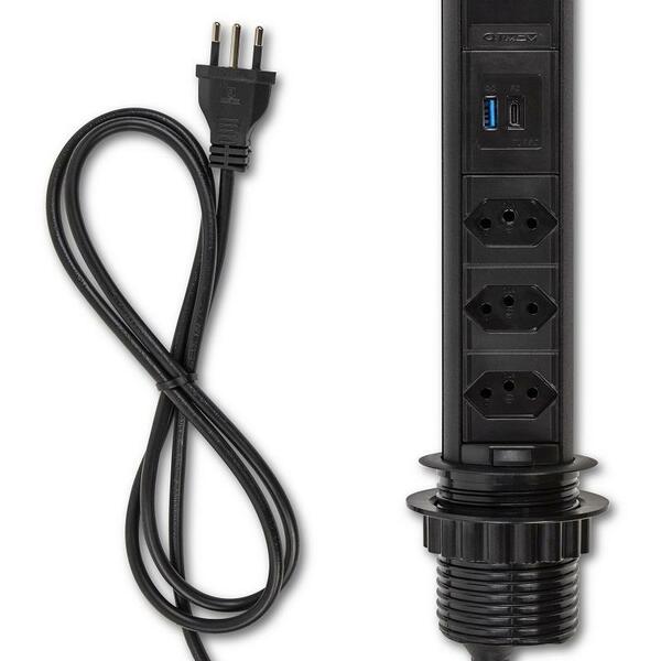 Torre De 3 Tomadas Usb A Usb C Multiplug 20a Retrátil Preta