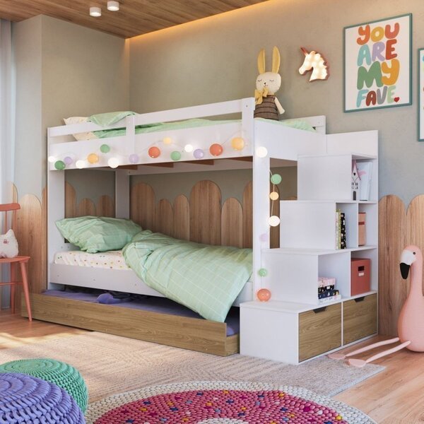 Treliche Infantil Com Cama Auxiliar 3 Colchões Branco/aveiro