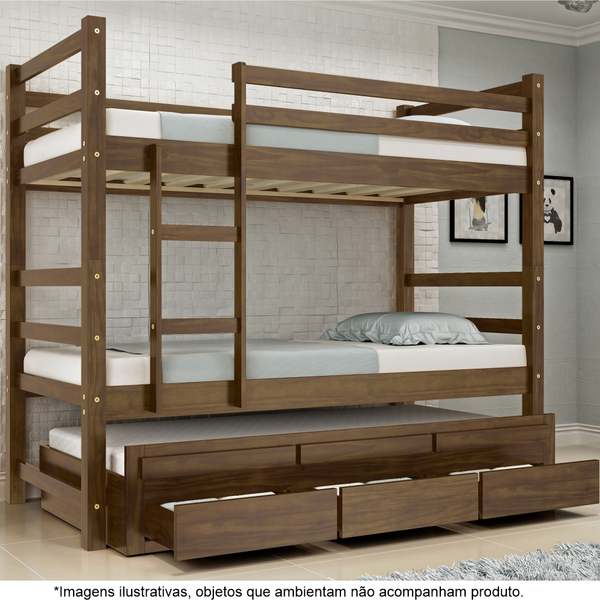 Treliche Solteiro Com 3 Gavetas Em Madeira Maciça E Escada Ág