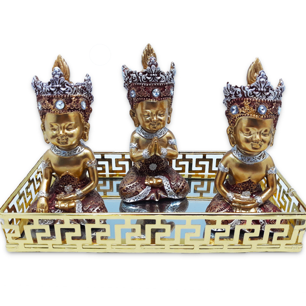 Trio De Buda Tailandês Vermelho Bandeja Espelhada 20x10