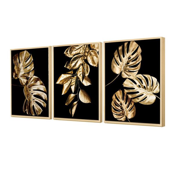 Trio De Quadros Com Moldura Folhas Douradas Elegante Sala