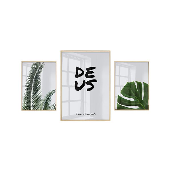 Trio De Quadros De Vidro Minimalista Deus Fé Plantas Folhagen