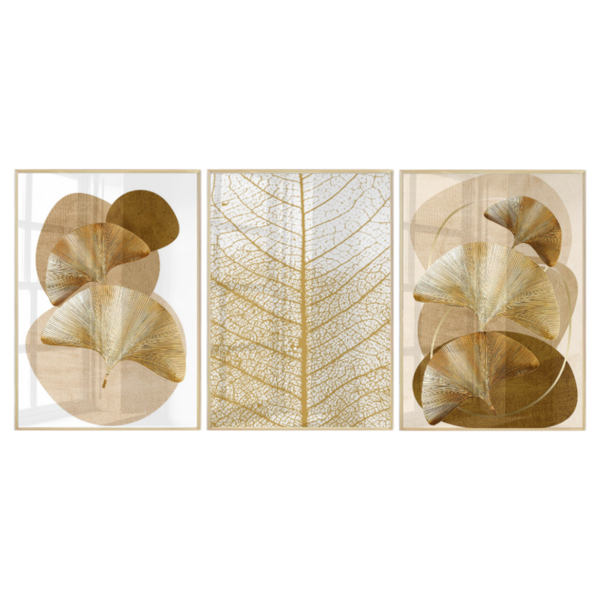 Trio De Quadros Decorativos Com Vidro Astrato Dourado Moderno