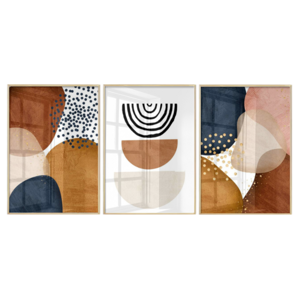 Trio De Quadros Decorativos Com Vidro Terracota Formas Ograni
