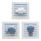 Trio De Quadros Elefante Balão Azul Quarto Bebê Infantil