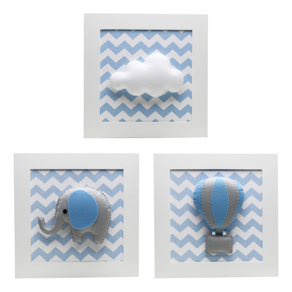 Trio De Quadros Elefante Balão Azul Quarto Bebê Infantil