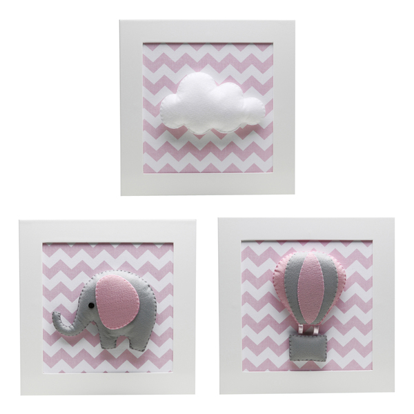 Trio De Quadros Elefante Balao Rosa Quarto Bebe Infantil Menina Leroy Merlin