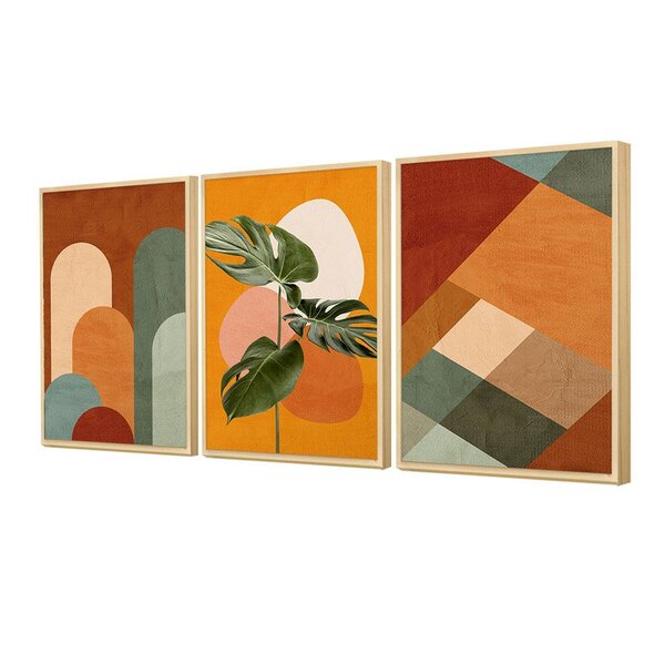 Trio De Quadros Geométrico Folhagens Planta E Formas Terracot