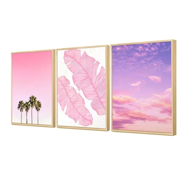 Trio De Quadros Paisagem Rosa Decorativo
