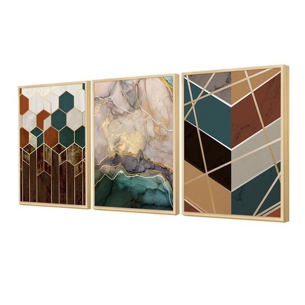 Trio De Quadros Para Decoração Geométrico Abstrato Sala