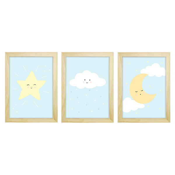 Trio De Quadros Pinus Com Vidro Chuva De Amor Azul