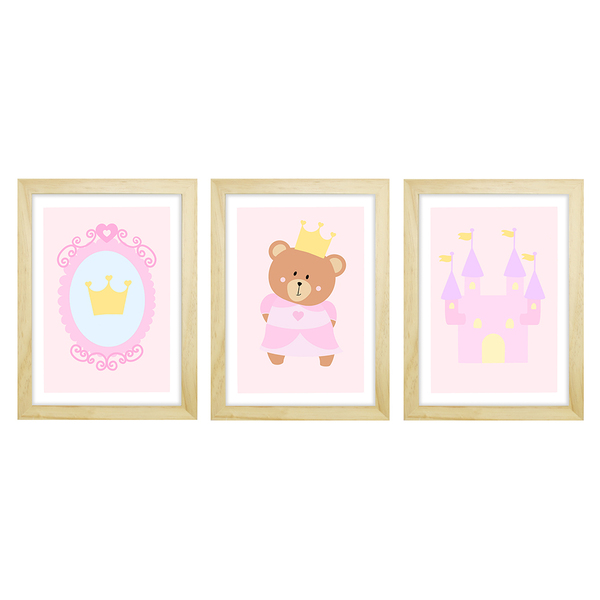 Trio De Quadros Pinus Com Vidro Ursa Princesa Quarto Bebê