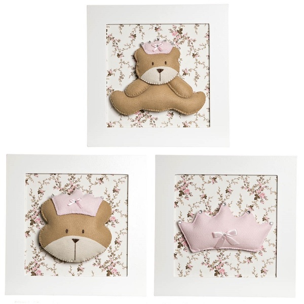 Trio De Quadros Ursa Princesa Quarto Bebê Infantil