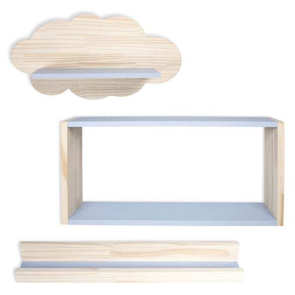 Trio Decoração Bebê Nuvem/nicho/prateleira Mdf Azul Sky E Pin
