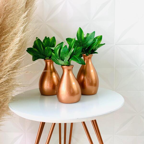 Trio Decorativo Vasos Rose Gold Luxo Com Planta Artificial