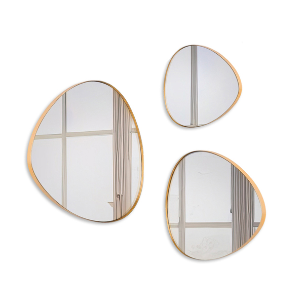 Trio Espelho Orgânico Decorativo Com Moldura De Couro Dourada