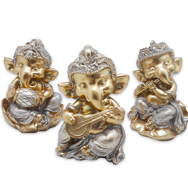Trio Ganesha Da Prosperidade Ganesha Músico Gold 14 Cm