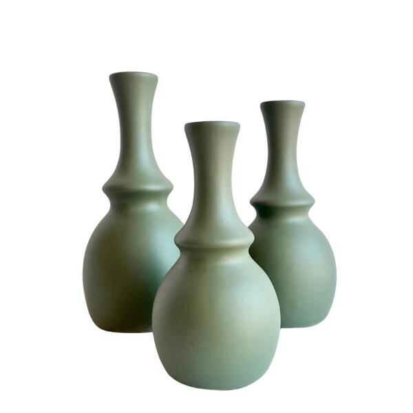 Trio Vaso Garrafa Verde Oliva Em Cerâmica Enfeite De Mesa