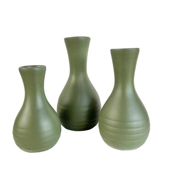 Trio Vaso Garrafa Verde Oliva Em Cerâmica Enfeite De Mesa