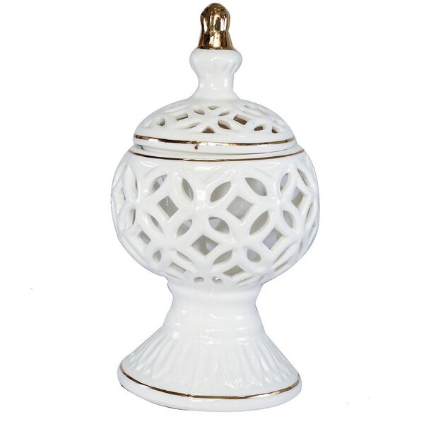 Turíbulo Incensário De Mesa Em Cerâmica Branco E Dourado