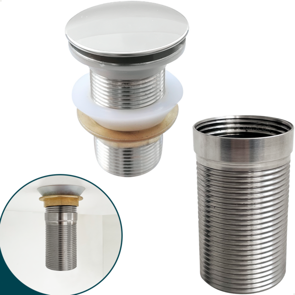 Valvula Click 1 1/4 Com Prolongador 14cm Inox Para Cuba De Ap