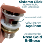 Valvula Click Com Ladrão 1 1/4 Rose Gold Ralo De Pia Cuba Ban
