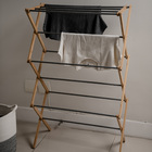 Varal de Chão Vertical 3 Andares em Bambu com Hastes de Metal Preto e Bege 32x71x102cm Compacto Simplo