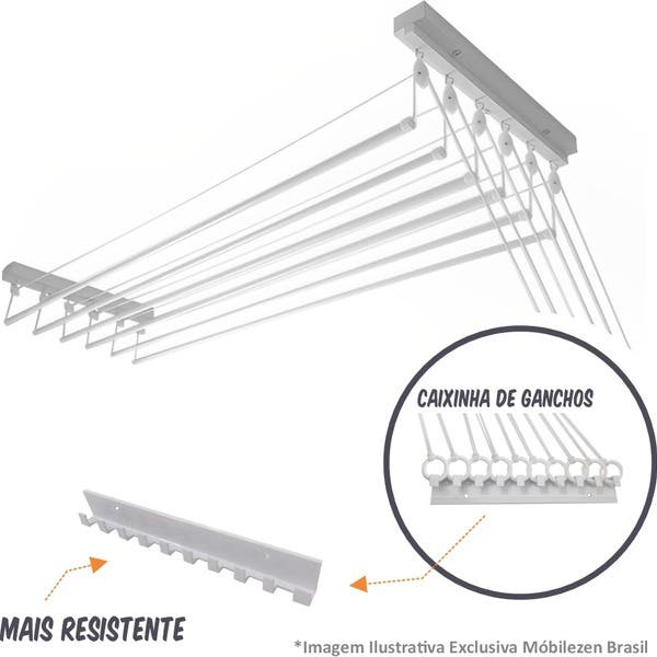 Varal Varal Individual De Teto 165cm X 10 Varetas - Em Alumínio Branco ...