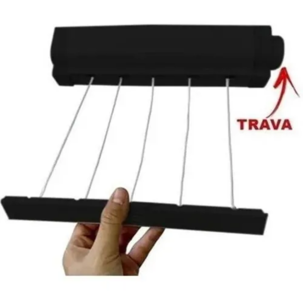 Varal Retratil Parede Automatico 5 Cordas Pratico - Preto