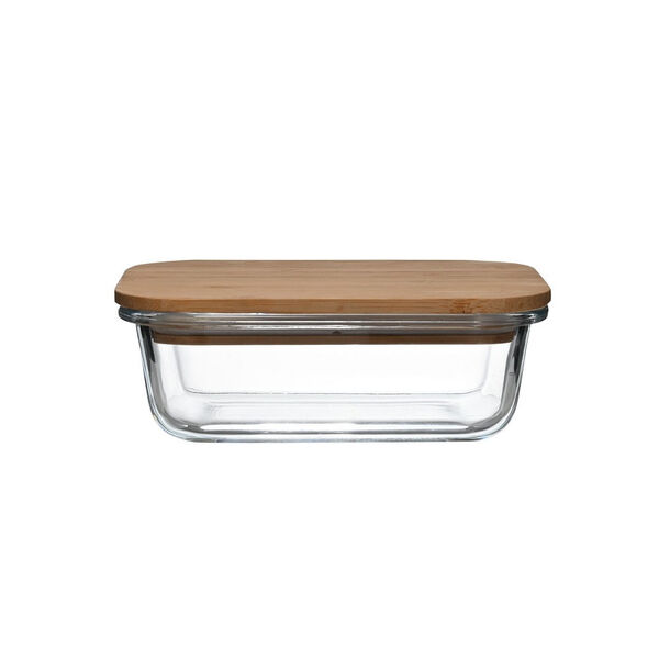 Vasilha Retangular De Vidro Com Tampa De Bambu 370ml