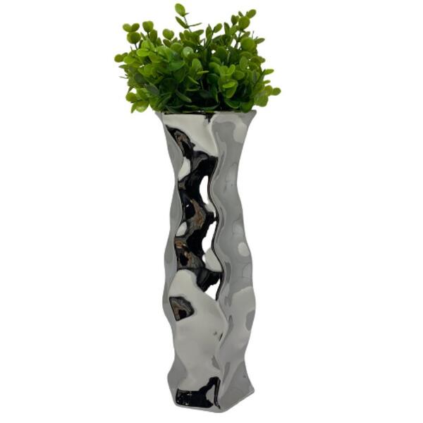 Vaso Alto Com Trabalhado Luxo Prata E Planta Artificial