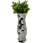 Vaso Alto Com Trabalhado Luxo Prata E Planta Artificial