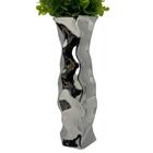 Vaso Alto Com Trabalhado Luxo Prata E Planta Artificial