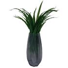 Vaso Alto De Vidro Lapidado Cinza Com Planta Artificial