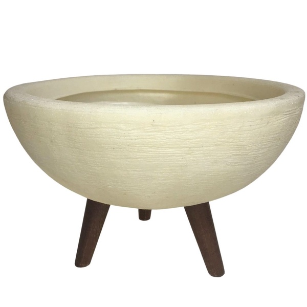 Vaso Bacia para Flores 20cm Com Tripé De Madeira Bege