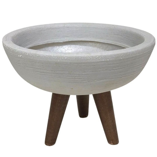 Vaso Bacia para Flores 20cm Com Tripé De Madeira Cinza