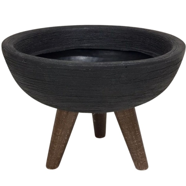 Vaso Bacia para Flores 20cm Com Tripé De Madeira Preto