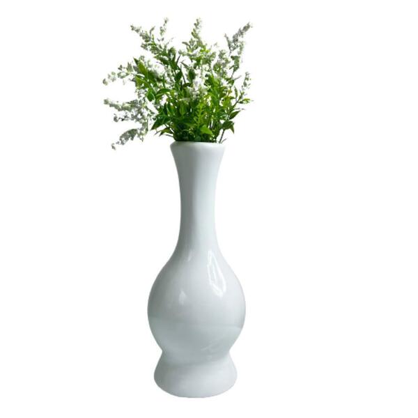 Vaso Branco Alto De Cerâmica Trabalhado Com Planta