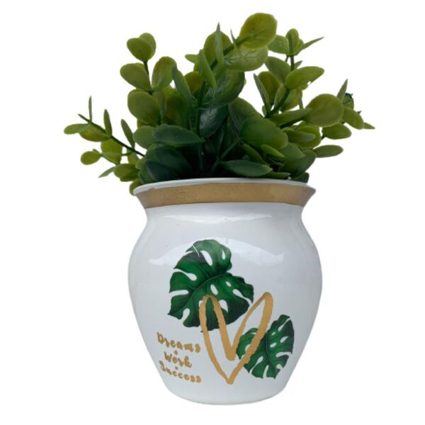 Vaso Branco De Cerâmica Estampa Folha Costela De Adão