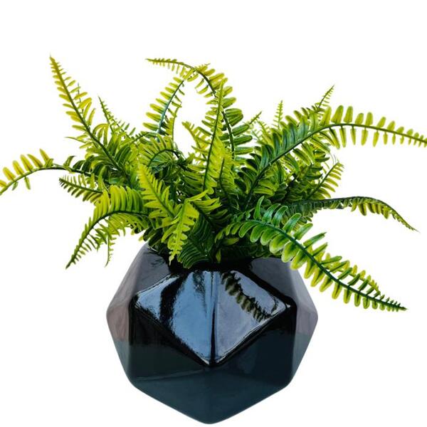 Vaso Centro De Mesa Cachepot Preto Geométrico Com Planta