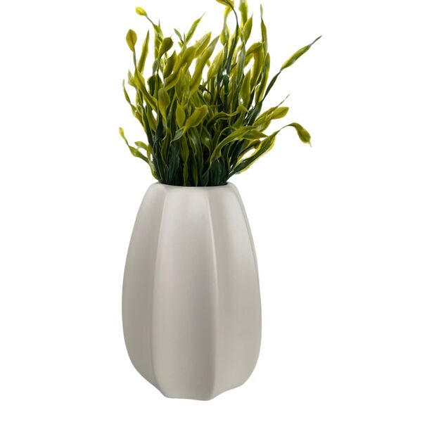 Vaso Centro De Mesa Off White Moderno Trabalhado Com Planta