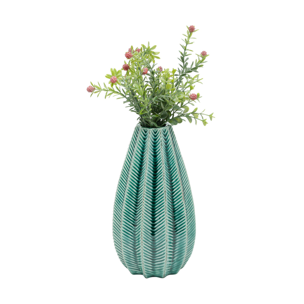 Vaso Ceramica Long Fat Green Crack Leaves Verde Md 10x18 Cm