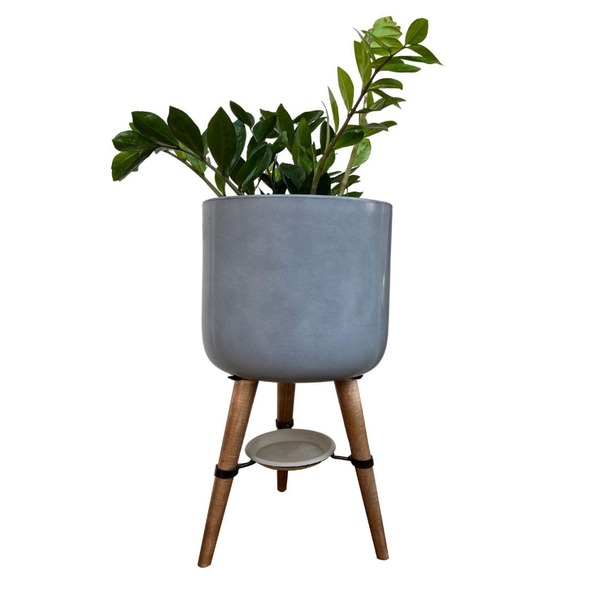 Vaso Cilindro Para Plantas 33cm Com Tripé De Madeira E Prato